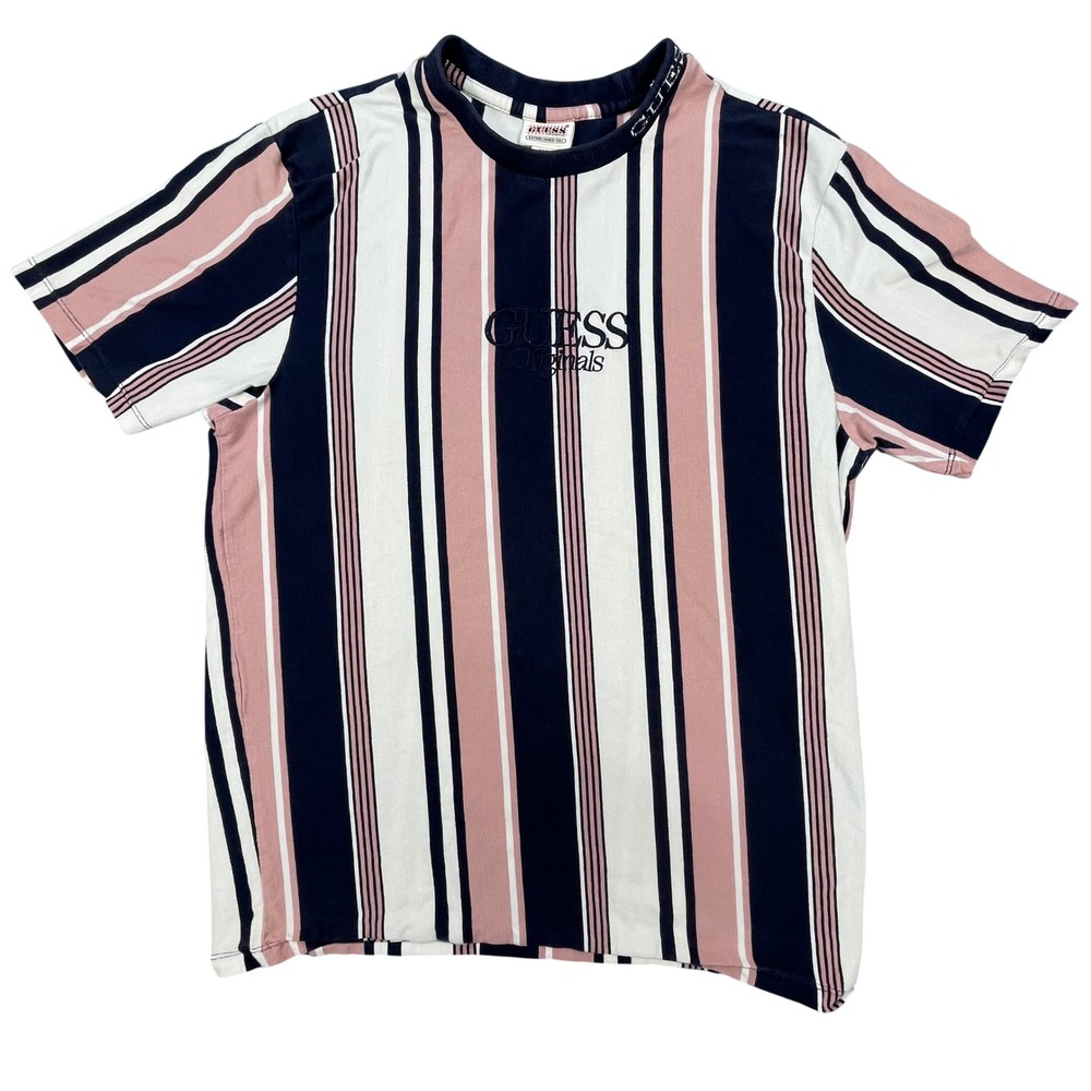 Guess Pink Navy White Striped Short Sleeve Logo T-Shirt Mens Medium - Picture 1 of 6